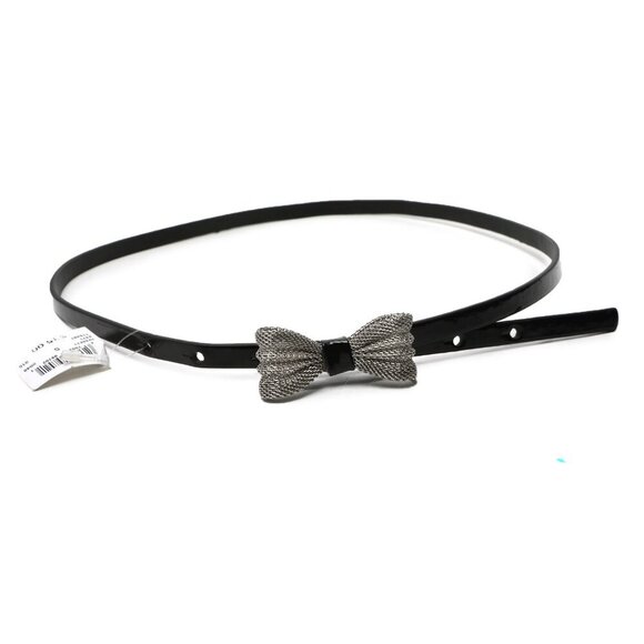 Faux Patent Leather Skinny Belt Metal Bow Mesh Black Glossy Party Y2K Retro - Picture 3 of 9
